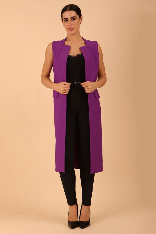model wearing a divacatwalk Seed Harvard Sleeveless Coat midi length in Amethyst Purple colour front