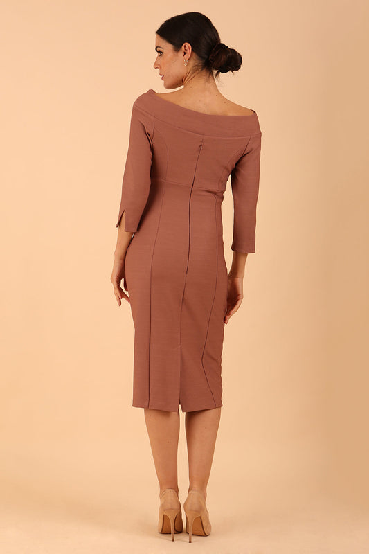 model wearing a diva catwalk Seed Miranda Bardot Neckline Pencil Dress with 3/4 sleeve in Acorn Brown colour back