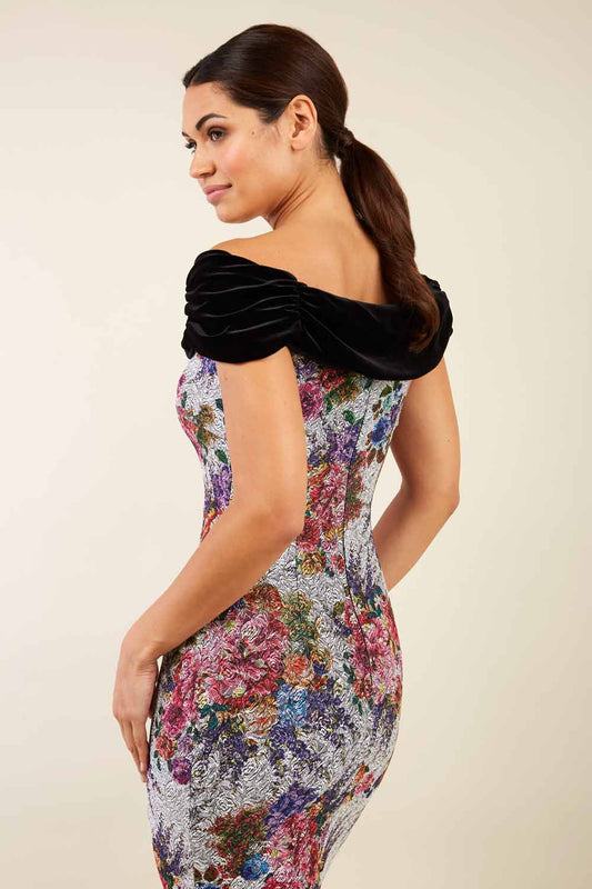 model wearing diva catwalk verdana matilda jaquard pencil-skirt fitted dress print and black velvet bardot neckline sleeveless and knee length (Sliver)