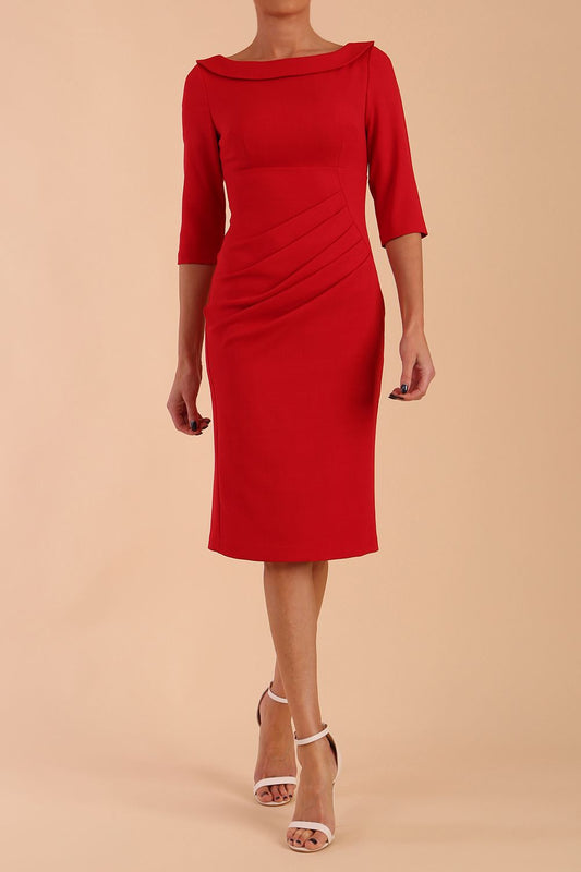 Model wearing diva catwalk Marcel Folded Collar Pencil Dress in Scarlet Red side
