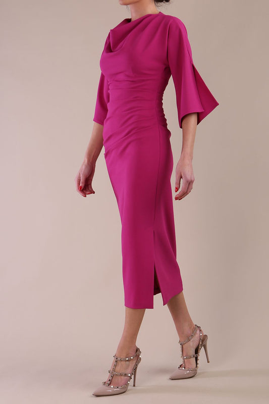 Model wearing diva catwalk Diana Cowl Neck pencil skirt dress Magenta Haze