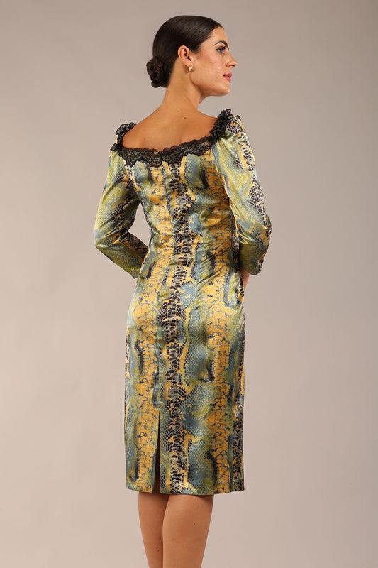 model wearing a diva catwalk Jura Snakeskin Stretch Satin Print With Contrast Lace Trim Dress 3/4 sleeve back