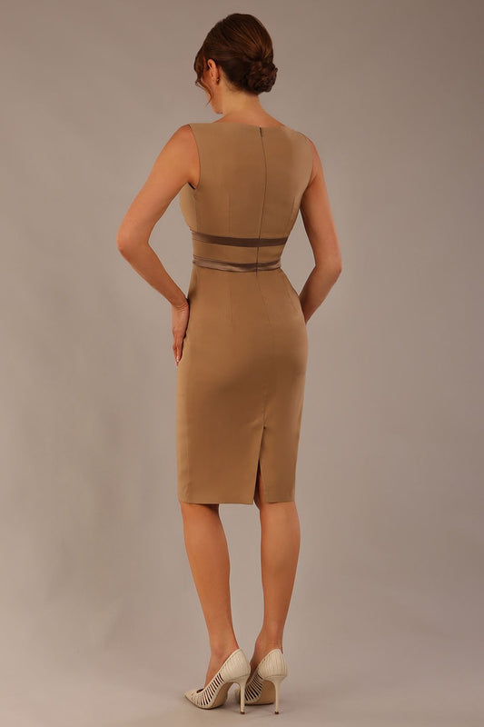 brunette model is wearing a divacatwalk Bijou Sleeveless Bodycon Pencil Dress with Satin Detail roun neckkline knee length in super stretch fabric in tannin brown colour front image (Tannin Brown - Pebble Satin)