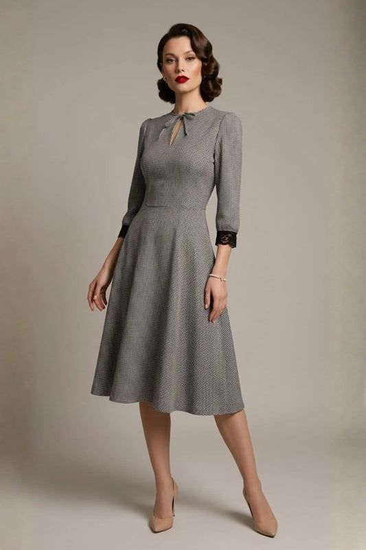 Alanna Dogtooth Tie-Detail A-Line Dress