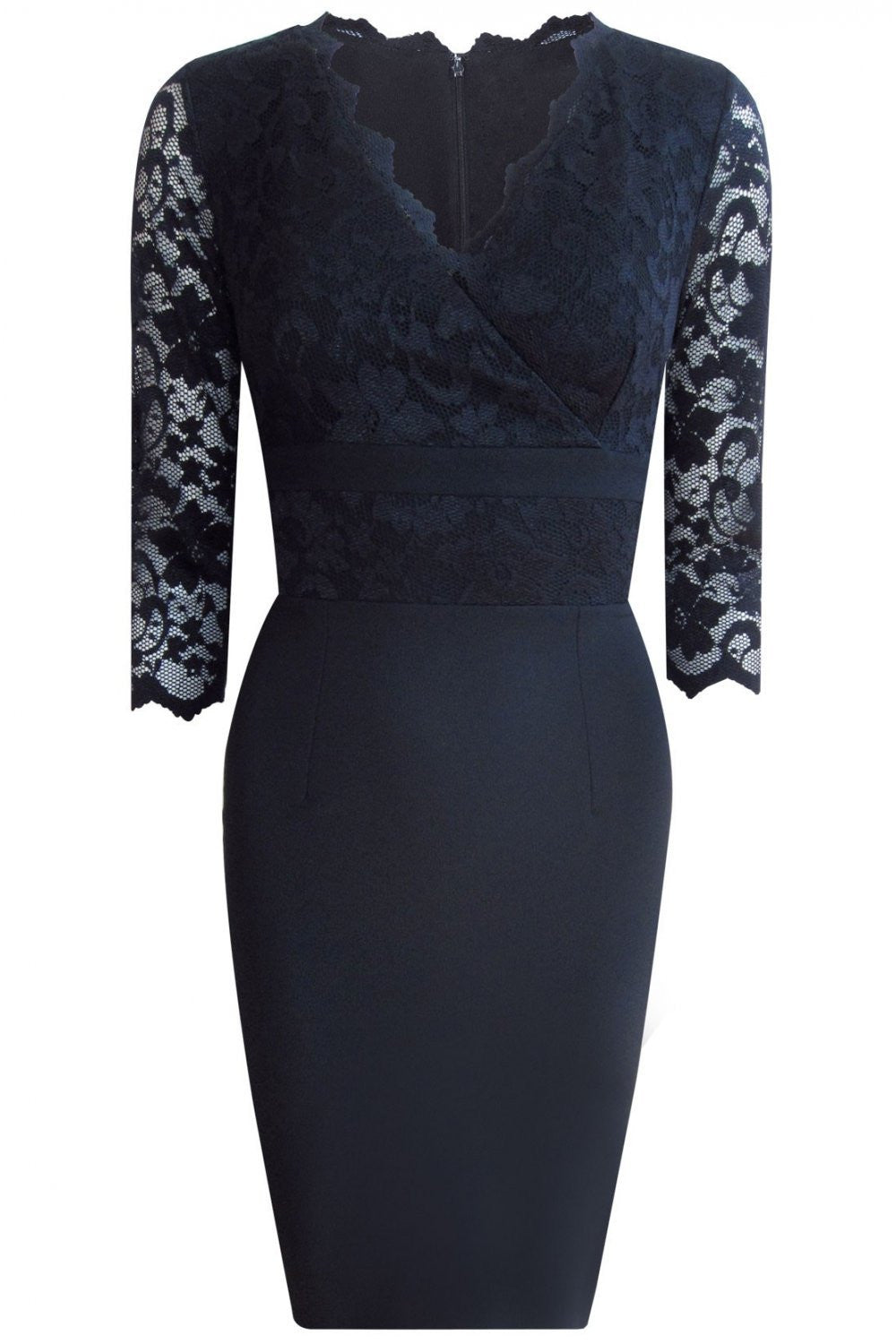 Model wearing the Diva Ivana Lace dress in pencil dress design in navy blue front image Black