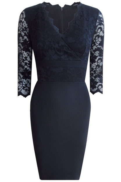 Model wearing the Diva Ivana Lace dress in pencil dress design in navy blue front image Black