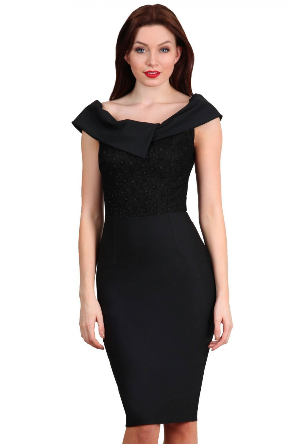 brunette model wearing diva catwalk marni fitted pencil skirt dress bardot neckline and contrasting bust area in pink and black front