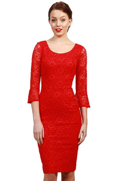 Model wearing the Diva Beatrice lace dress with round neck and pleated cuff in red lace front image