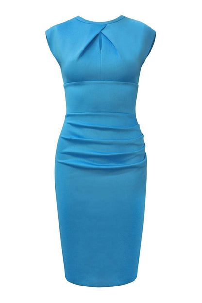 Model wearing the Diva Kimberley dress in pencil dress design in horizon blue front image