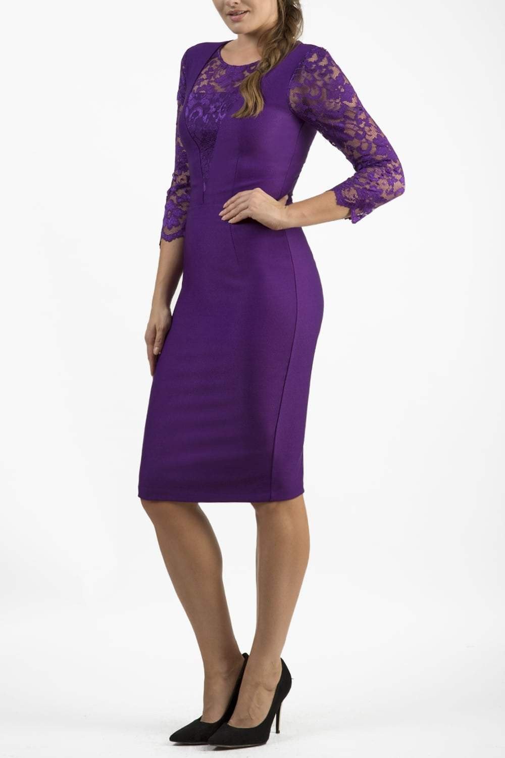 Brunette Model is wearing a seed couture lace pencil dress by diva catwalk in purple front