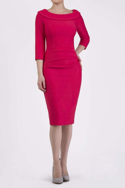 model wearing a divacatwalk Seed Spotlight Round Collar Dress 3/4 sleeve knee length in opera pink colour