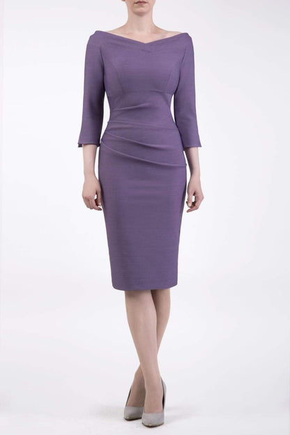 model wearing a diva catwalk Seed Miranda Bardot Neckline Pencil Dress with 3/4 sleeve in Dusky Lilac colour