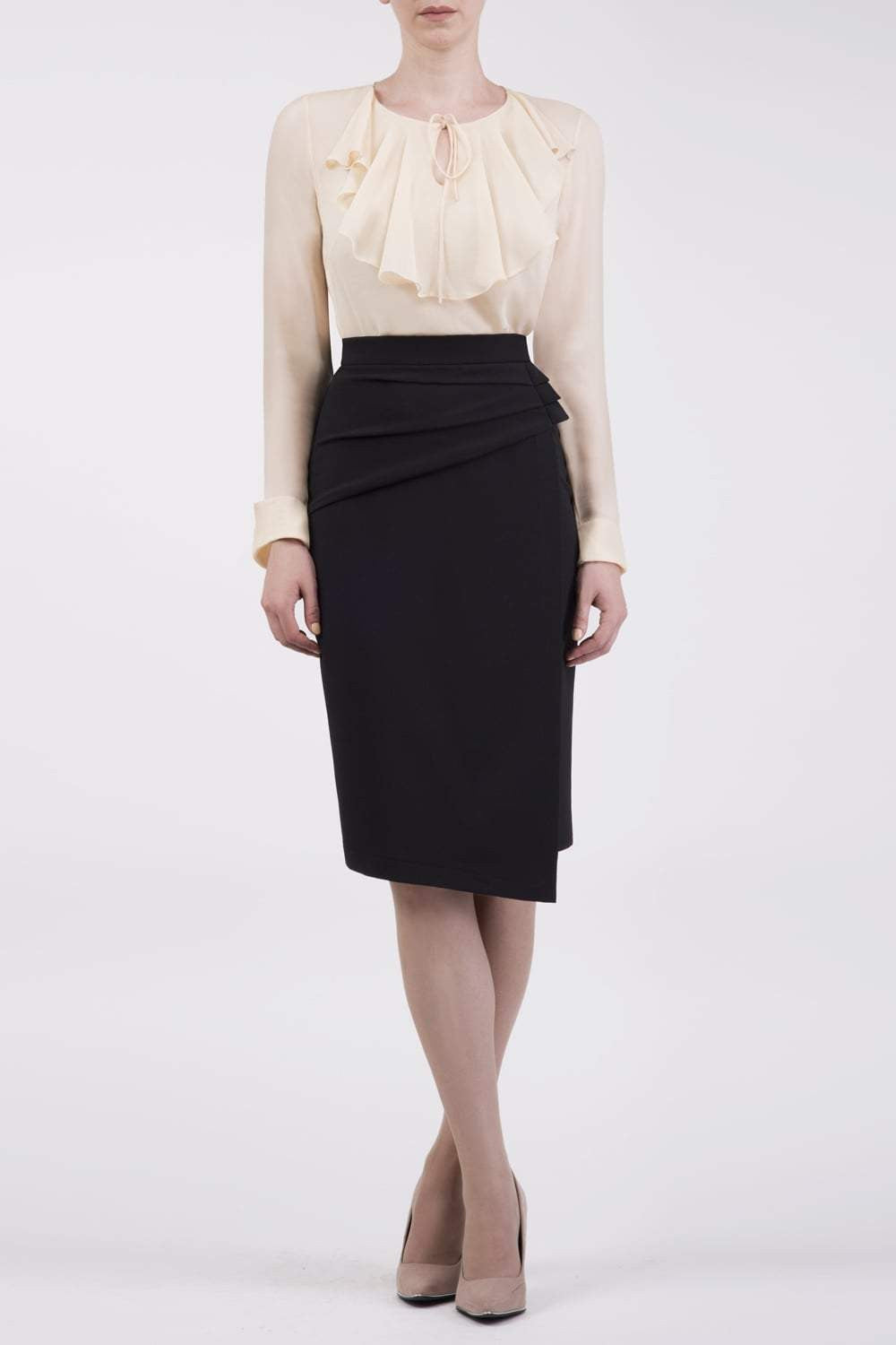 model is wearing diva catwalk antibe pencil asymmetric skirt with pleating at the front in black front