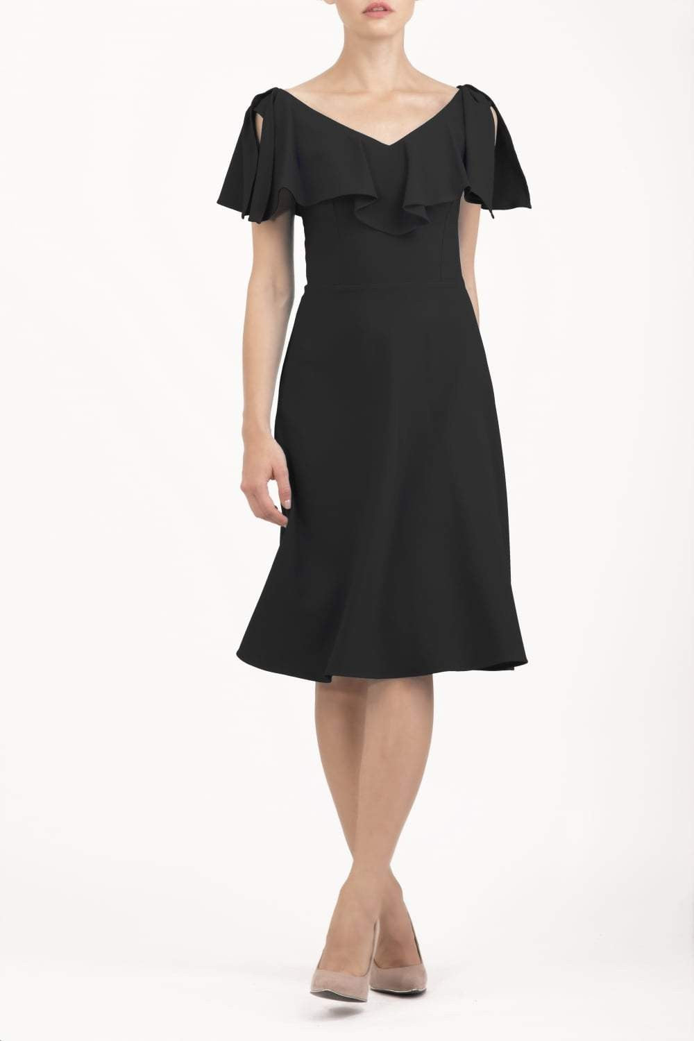 model wearing diva catwalk layla swing dress with bardot frill neckline in black front
