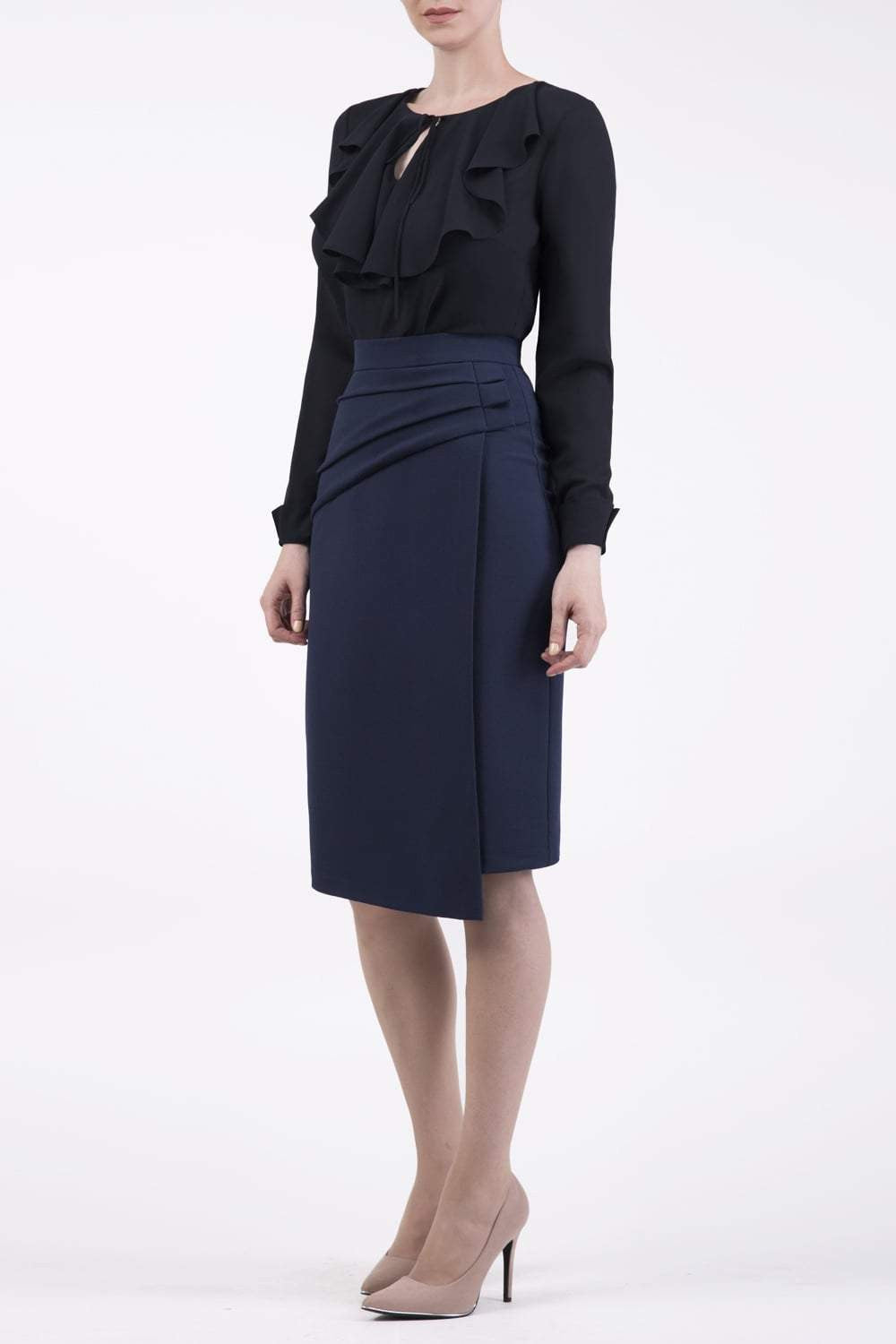 model is wearing diva catwalk antibe pencil asymmetric skirt with pleating at the front 