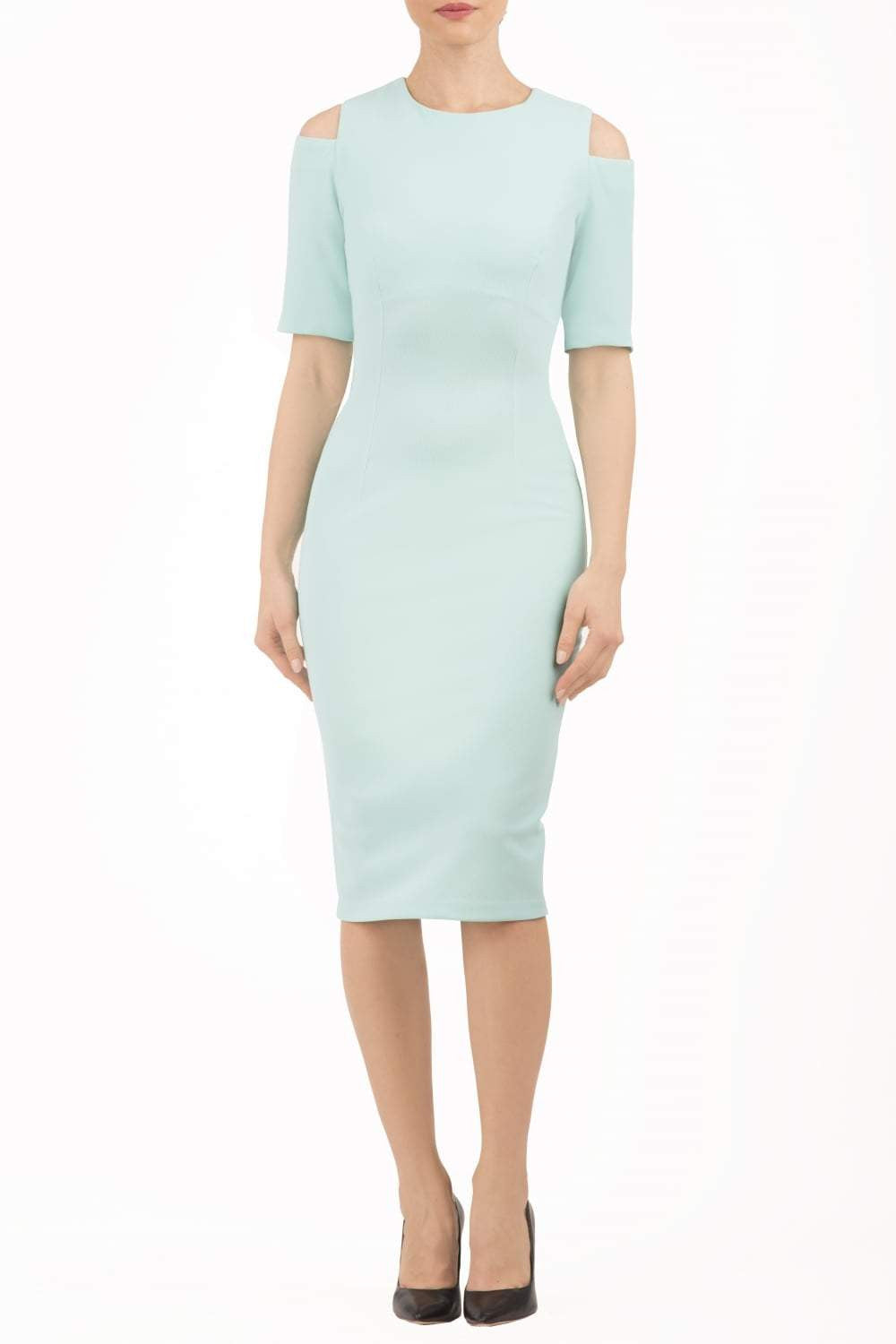 model is wearing diva catwalk solway pencil dress cold shoulder detail and rounded neckline in mint green front