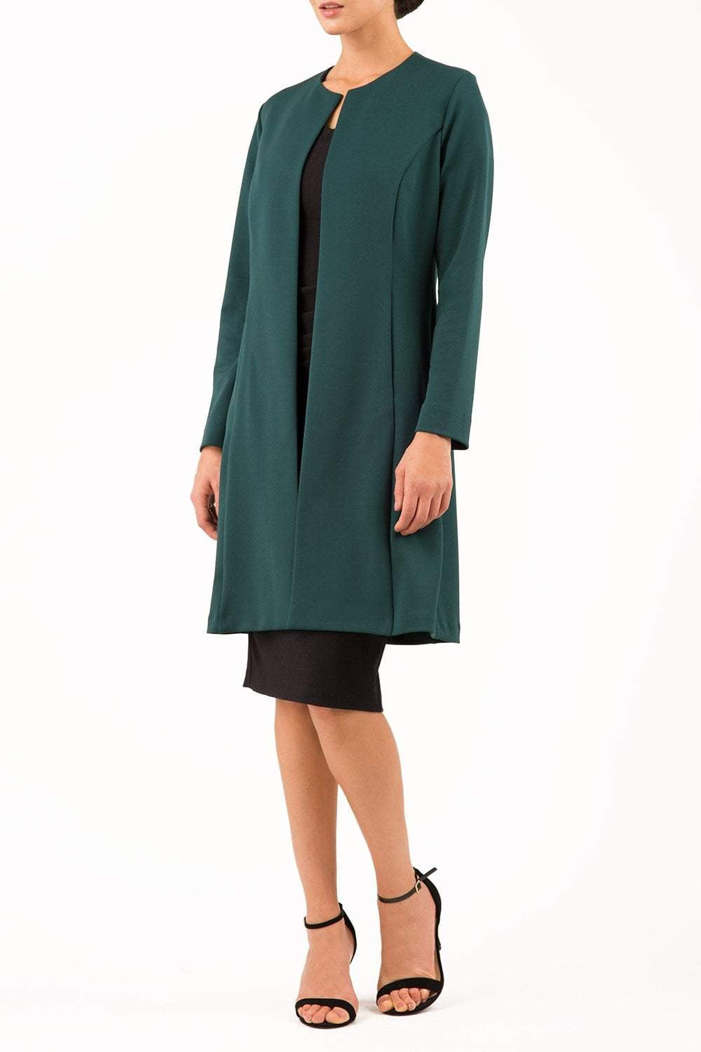 model wearing diva catwalk navy blue coat with long sleeves and a belt front Forest Green