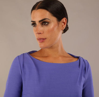 Model wearing the Seed Agatha in pencil dress design in dawn indigo front image