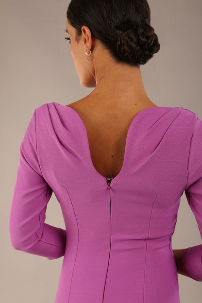 Model wearing the Seed Agatha in pencil dress design in magenta mist front image