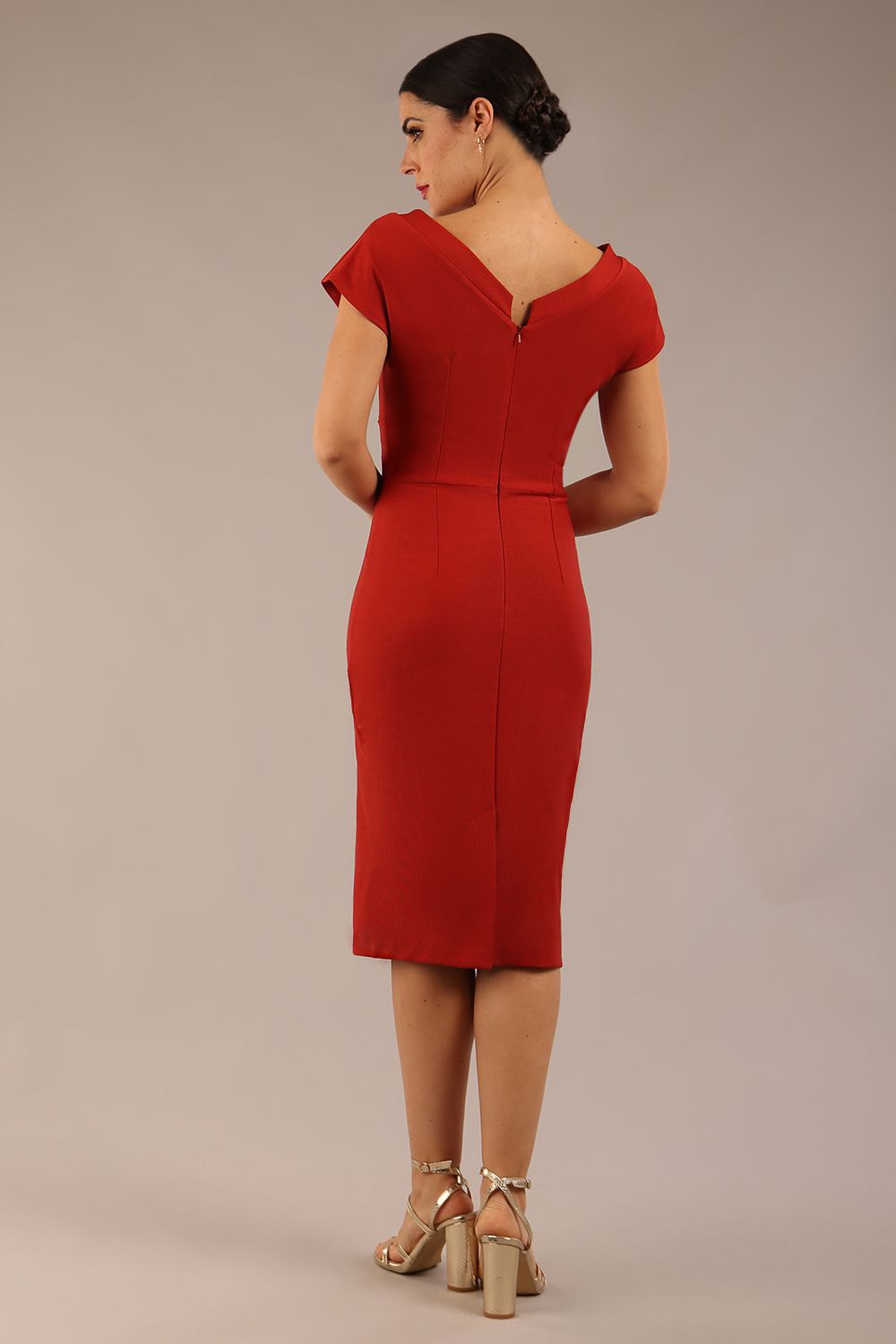brunette model wearing a diva catwalk Seed Leela Rounded Neckline Cap Sleeved Pencil dress Dress in garnet red colour front side