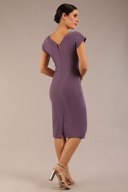 brunette model wearing a diva catwalk Seed Leela Rounded Neckline Cap Sleeved Pencil dress Dress in dusky lilac colour front