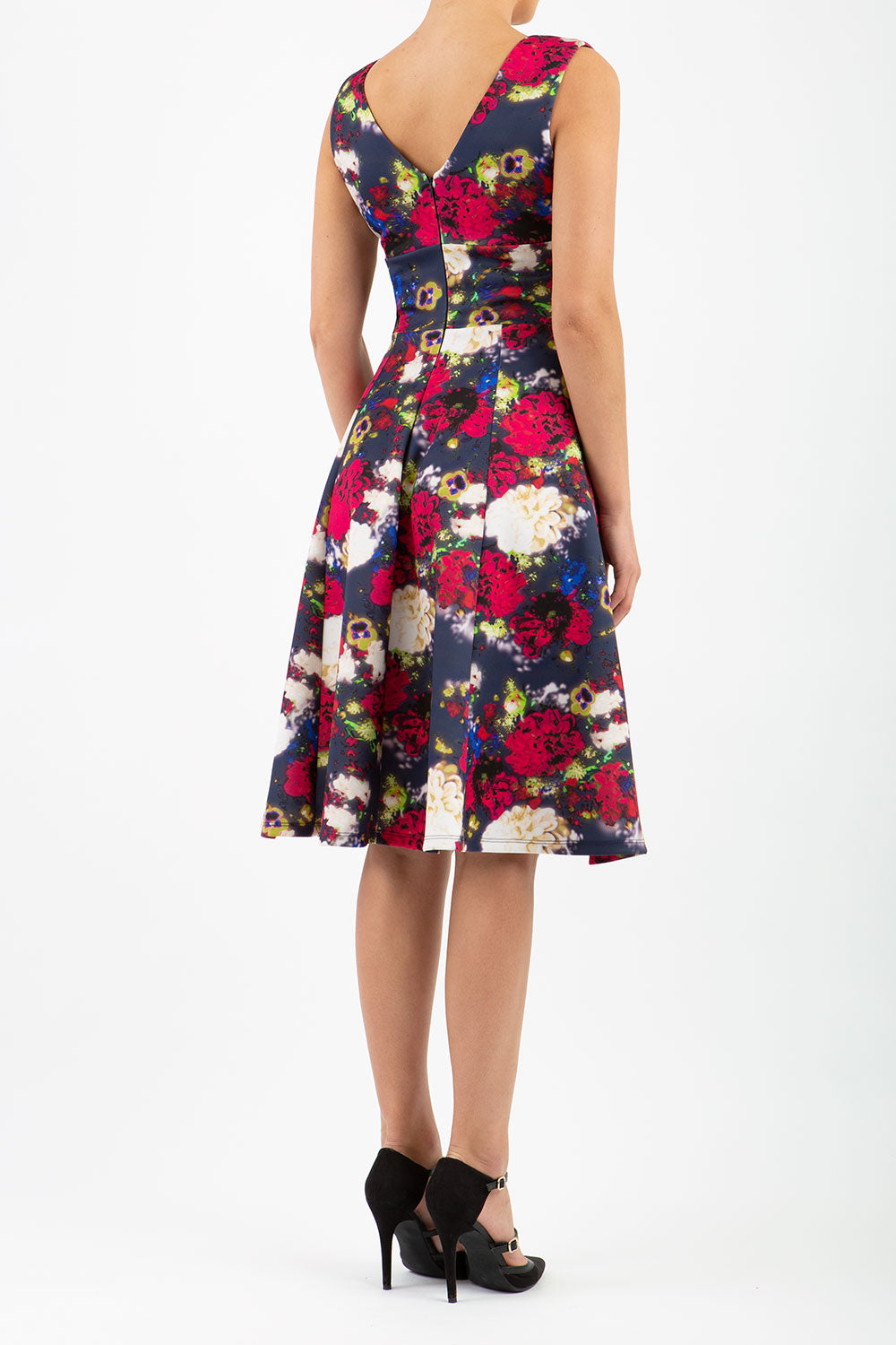 model wearing the Aldeburgh Print swing Dress with v-neck short sleeve front image