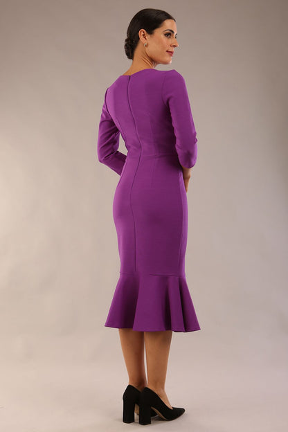model wearing a diva catwalk Seed Brecon Fishtail Sleeved Dress in amethyst purple colour front