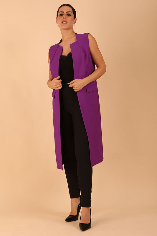 model wearing a divacatwalk Seed Harvard Sleeveless Coat midi length in Amethyst Purple colour front