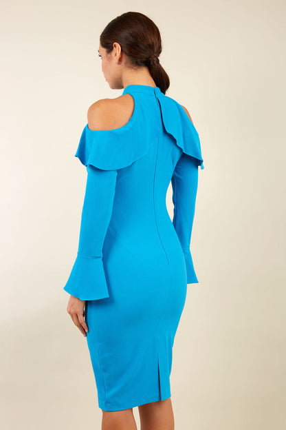 brunette model is wearing diva catwalk liah long sleeve cold-shoulder pencil dress with high neck in tropic teal front