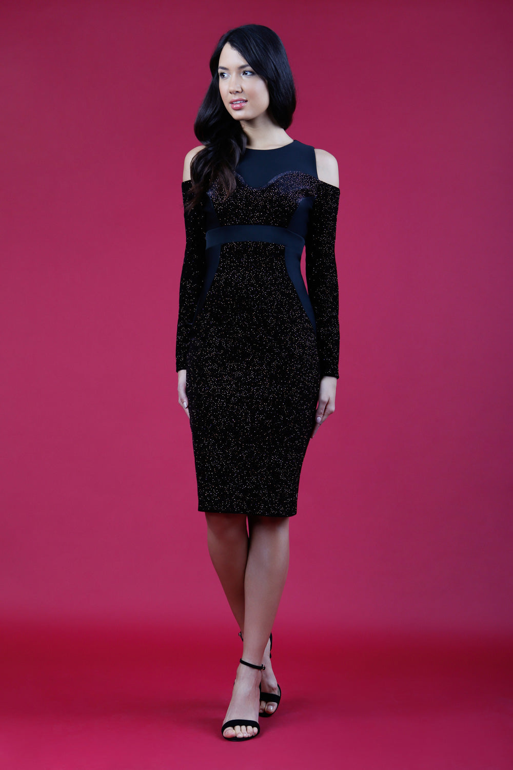 blonde model is wearing diva catwalk partyon glitter pencil dress with cold shoulder in black front