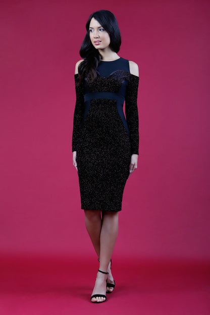 blonde model is wearing diva catwalk partyon glitter pencil dress with cold shoulder in black front
