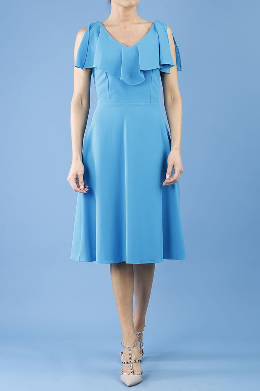 model is wearing diva catwalk layla plain a-line swing dress in topaz front