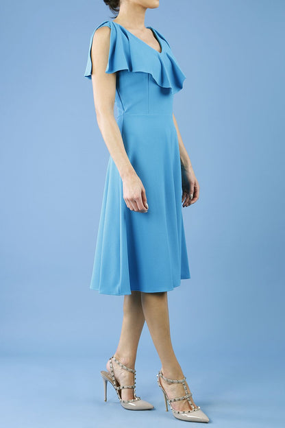 model is wearing diva catwalk layla plain a-line swing dress in topaz front