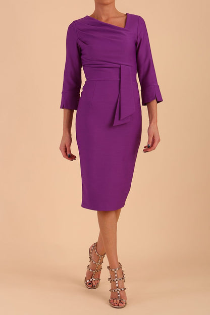 Model wearing diva catwalk Seed Orla Asymmetric Pencil Dress in Amethyst Purple front