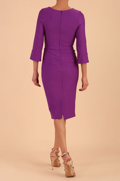 Model wearing diva catwalk Seed Orla Asymmetric Pencil Dress in Amethyst Purple front