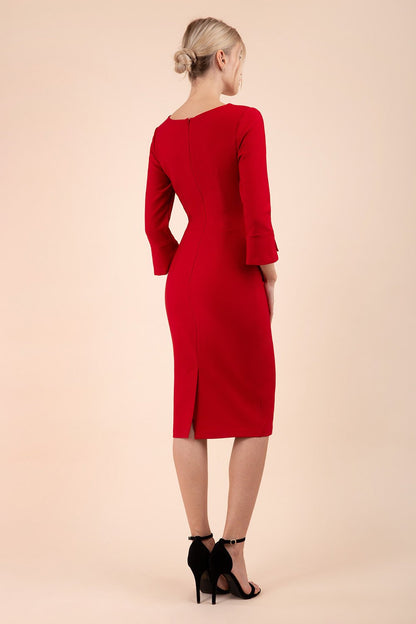 Model wearing diva catwalk Seed Orla Asymmetric Pencil Dress in Cardinal Red front