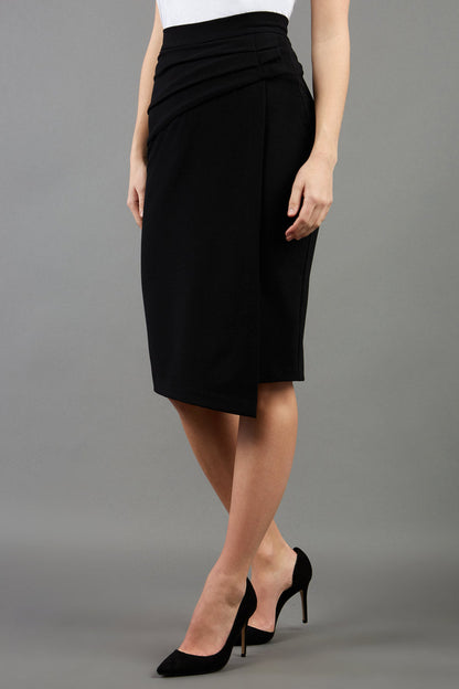 model is wearing diva catwalk antibe pencil asymmetric skirt with pleating at the front in black front