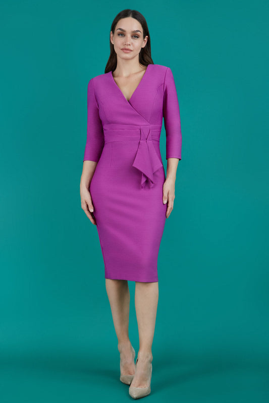 model wearing a divacatwalk Seed Bracklesham Pencil Classic Dress with 3/4 sleeve with knee length in dawn purple colour
