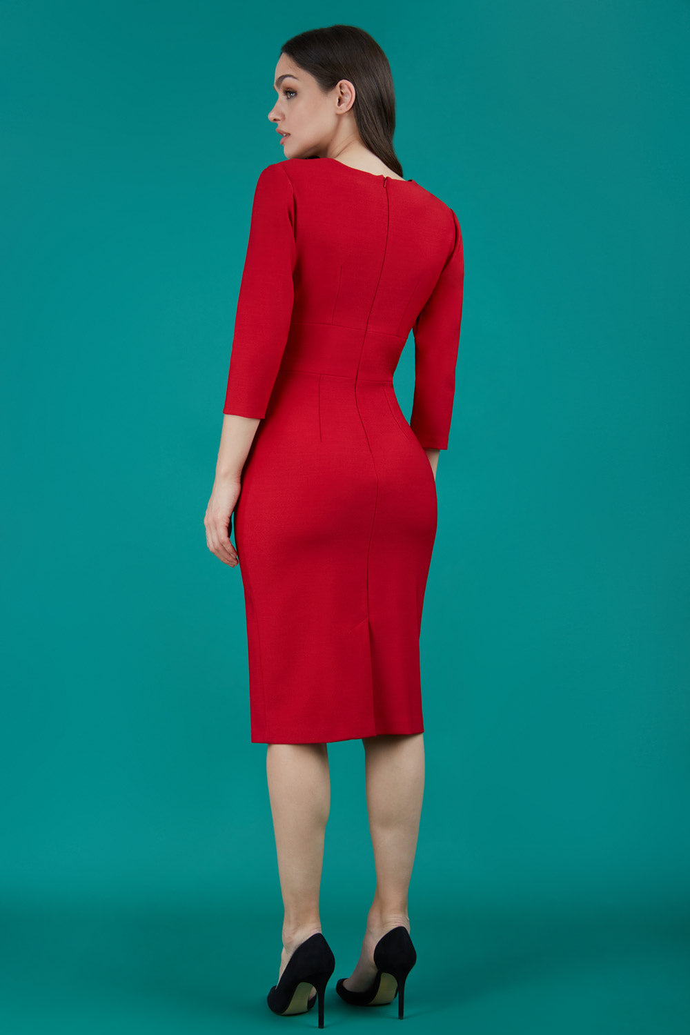 model wearing a divacatwalk Seed Bracklesham Pencil Classic Dress with 3/4 sleeve with knee length in cardinal red colour