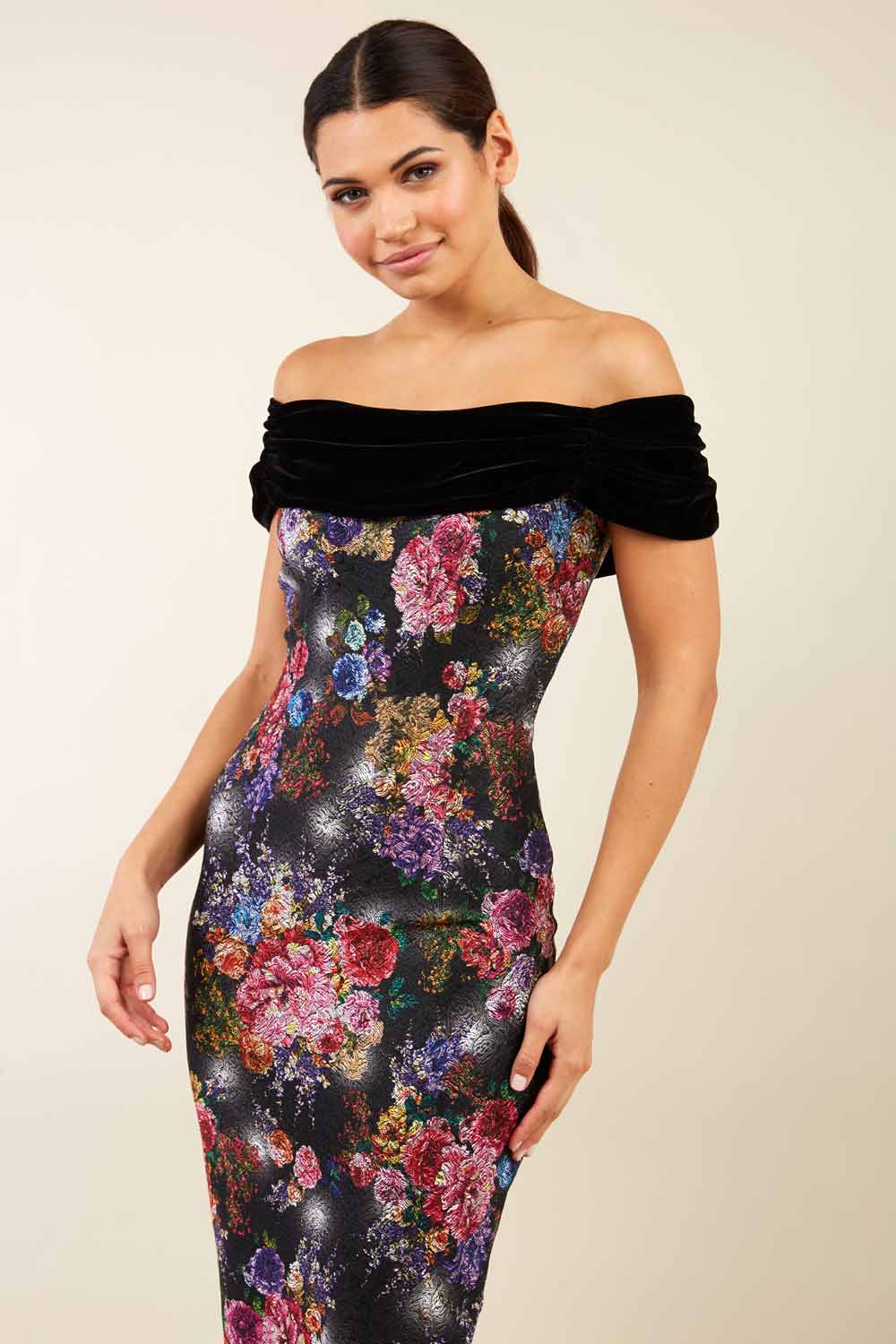 model wearing diva catwalk verdana matilda jaquard pencil-skirt fitted dress print and black velvet bardot neckline sleeveless and knee length (Black)
