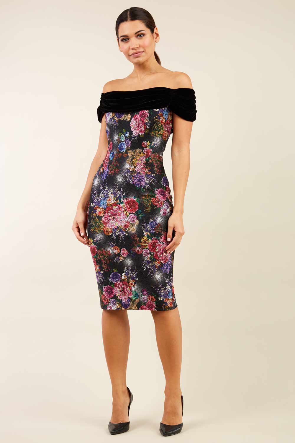 model wearing diva catwalk verdana matilda jaquard pencil-skirt fitted dress print and black velvet bardot neckline sleeveless and knee length (Black)