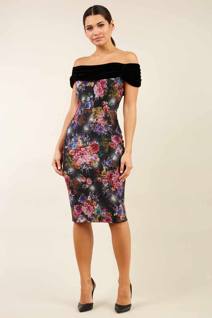 model wearing diva catwalk verdana matilda jaquard pencil-skirt fitted dress print and black velvet bardot neckline sleeveless and knee length (Black)