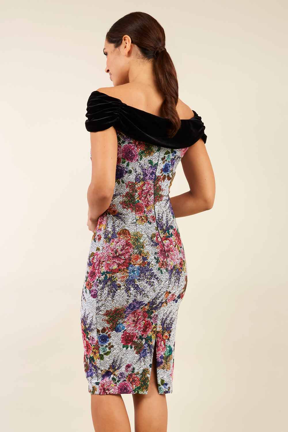 model wearing diva catwalk verdana matilda jaquard pencil-skirt fitted dress print and black velvet bardot neckline sleeveless and knee length (Sliver)