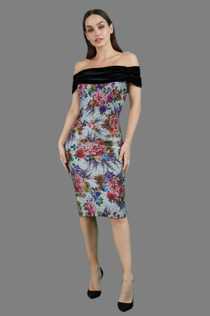 model wearing diva catwalk verdana matilda jaquard pencil-skirt fitted dress print and black velvet bardot neckline sleeveless and knee length (Sliver)