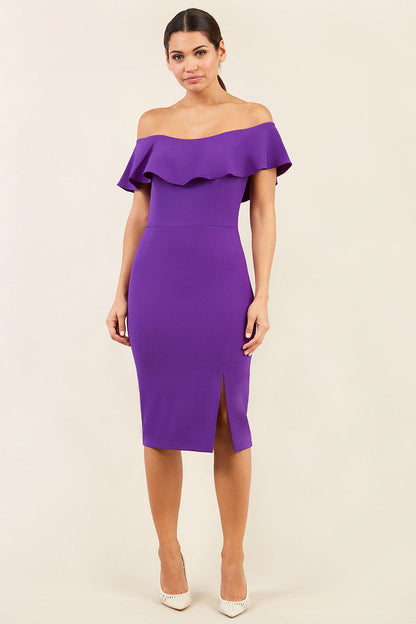 brunette model wearing diva catwalk pencil dress with off shoulder frilled front and bardot neckline in passion purple colour back (Passion Purple)