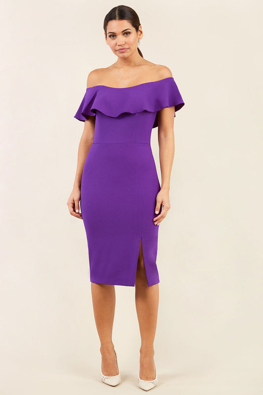 brunette model wearing diva catwalk pencil dress with off shoulder frilled front and bardot neckline in passion purple colour back (Passion Purple)