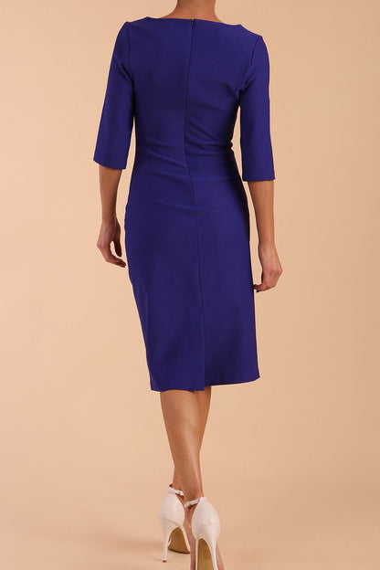 Model wearing diva catwalk Seed Royale Rounded Neckline Pencil Dress in Palace Blue front