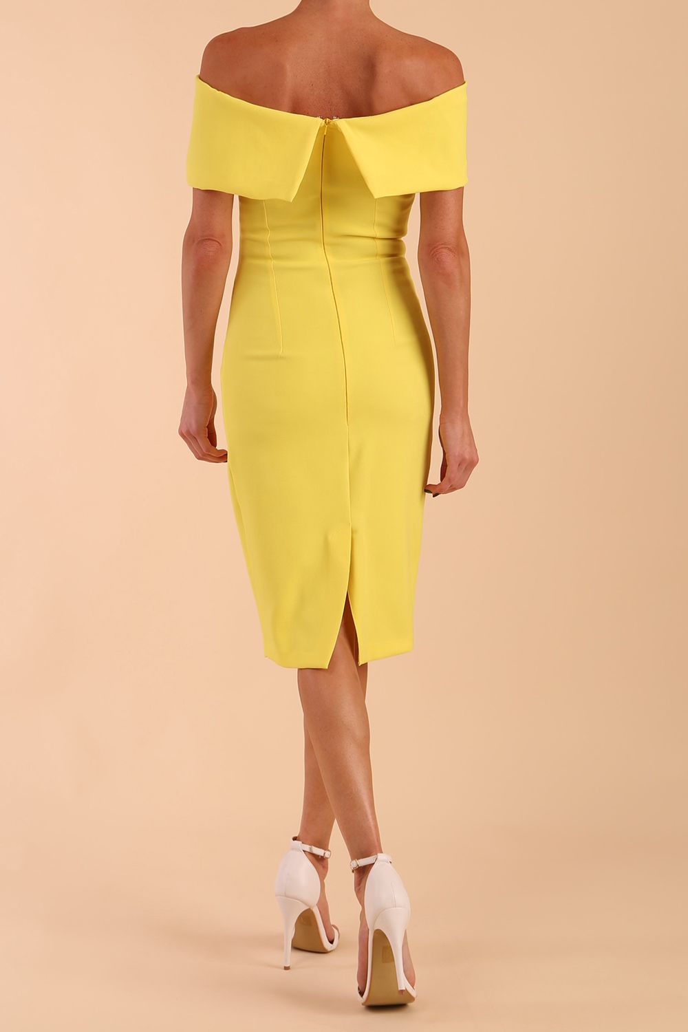 model is wearing diva catwalk mariposa pencil dress with Detailed Bardot neckline with fold-over detail and pleated at waist area in Blazing Yellow front side