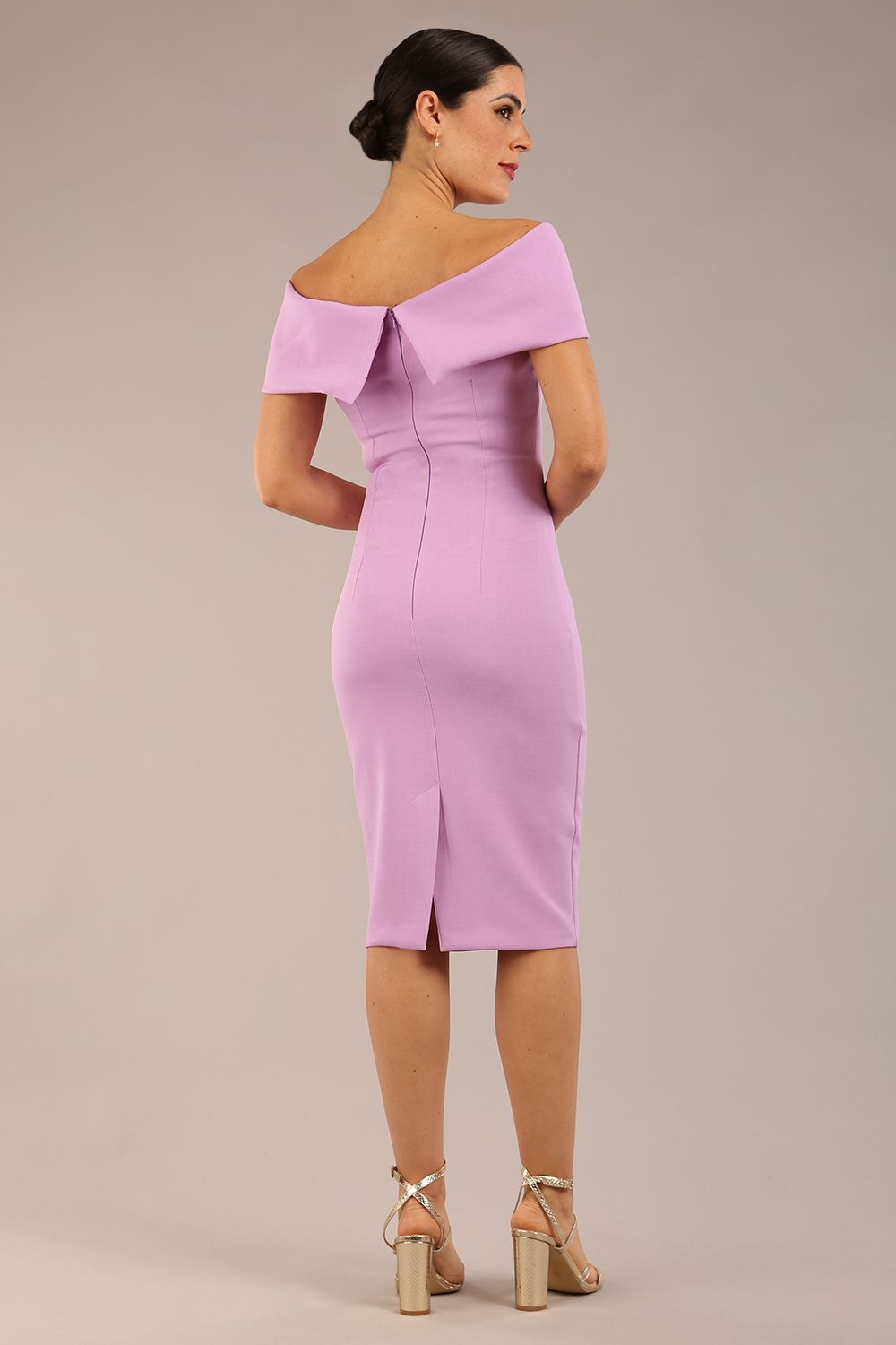 model is wearing diva catwalk mariposa pencil dress with Detailed Bardot neckline with fold-over detail and pleated at waist area in Sheer Lilac