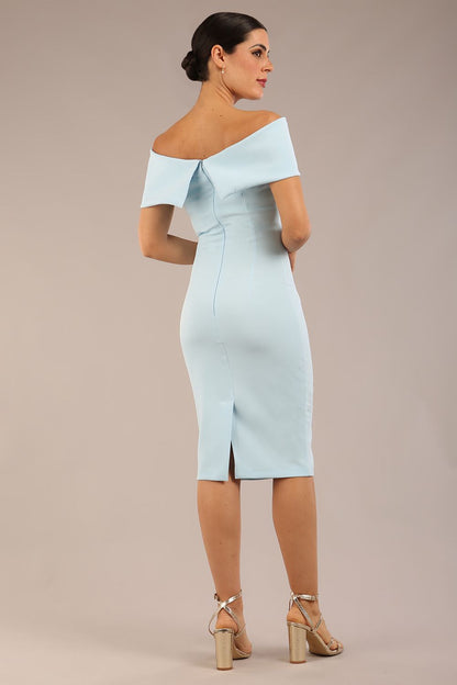 model is wearing diva catwalk mariposa pencil dress with Detailed Bardot neckline with fold-over detail and pleated at waist area in Sky Blue